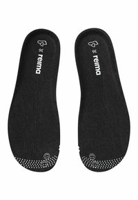 Czarne wkładki o gładkiej fakturze, z kropkowanym wzorem na pięcie i logo 'reima'. Rozmiar 36 oznaczony na górze.