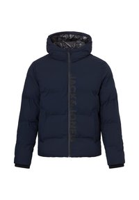Marine pufferjack met een capuchon, voorzien van een voorste rits, elastische manchetten en een opvallend zwart logo. Glad, lichtgewicht stof met een gewatteerde textuur.