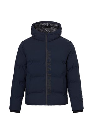 Marine pufferjack met een capuchon, voorzien van een voorste rits, elastische manchetten en een opvallend zwart logo. Glad, lichtgewicht stof met een gewatteerde textuur.