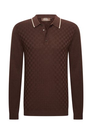 Brown long-sleeve polo shirt with a checkered pattern, contrasting cream collar, three-button placket, and ribbed cuffs and hem.