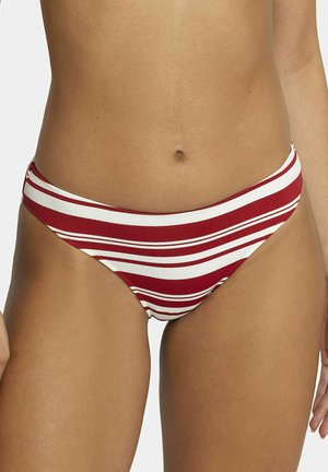 Bas de bikini rayé rouge et blanc avec un tissu texturé, une coupe haute au niveau des jambes et des bretelles étroites pour une couverture minimale.