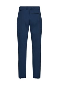 Marine udendørsbukser lavet af strækstof, med en slim fit, paspoleret lynlåslomme og justerbare manchetter med velcro-stropper.