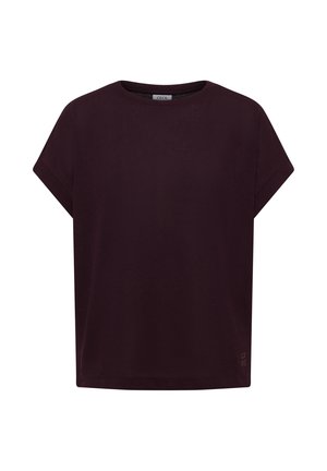 Krótki sweterkowy top w ciemnym fiolecie z okrągłym dekoltem i subtelną metką marki blisko brzegu, prezentowany na białym tle.