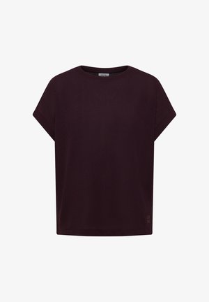 Top de punto morado oscuro de manga corta con cuello redondo y sutil etiqueta de marca cerca del dobladillo, mostrado sobre un fondo blanco.