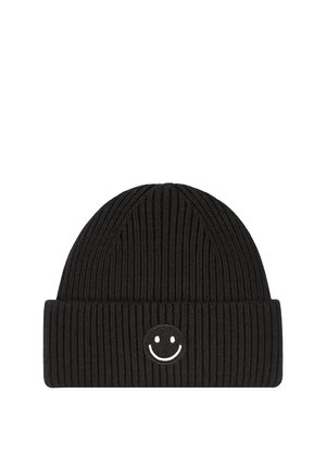 Black ribbed knit beanie with a folded cuff featuring a small white smiley face embroidered on the front center.