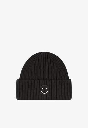 Black ribbed knit beanie with a folded cuff featuring a small white smiley face embroidered on the front center.