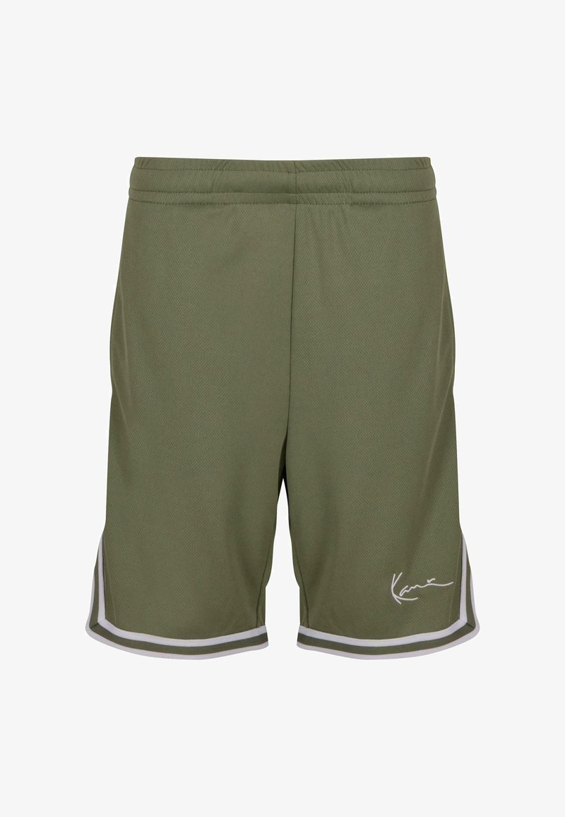 Olive spalvos sportiniai šortai, pagaminti iš tekstūruoto tinklelio, su baltais šonais ir kursive parašytu logotipu priekyje.