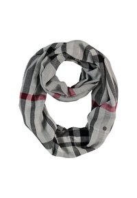 Kevyt, harmaa ruutuhuivi, jossa on mustia, valkoisia ja punaisia ruutuja. Huivissa on pehmeä rakenne ja pieni logotehoste.