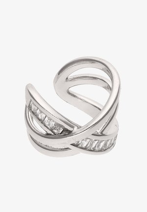 Silberner offener Ring mit überlappenden Bändern, der zwei Reihen kleiner rechteckiger klarer Edelsteine an gegenüberliegenden Seiten enthält.