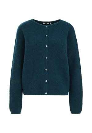 Cardigan lungo a maniche lunghe di color teal scuro, morbido, con scollatura rotonda e bottoni bianchi lungo il davanti centrale.