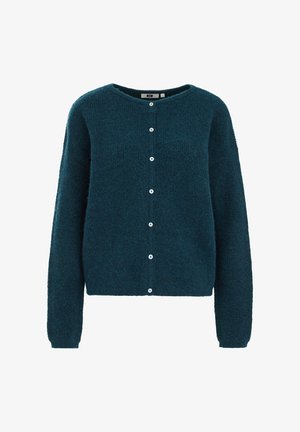 Dark teal, fuzzy long-sleeve cardigan with round neckline and white buttons down the center front.