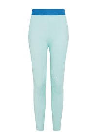Leggings azzurri chiari con un design aderente e una texture liscia. Presentano una vita a contrasto blu. Nessun motivo o dettaglio visibile.