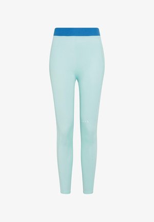 Helle blaue Leggings mit einem enganliegenden Design und glatter Textur. Eigenschaften einen kontrastierenden blauen Bund. Keine sichtbaren Muster oder Akzente.