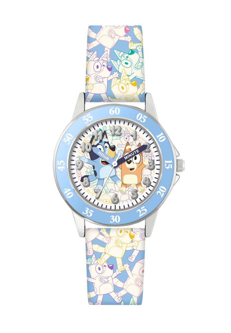 Orologio per bambini con cassa in argento, lunetta blu e cinturino in silicone decorato con cani in cartone animato dai colori pastello. Quadrante bianco con indicatori delle ore e dei minuti.