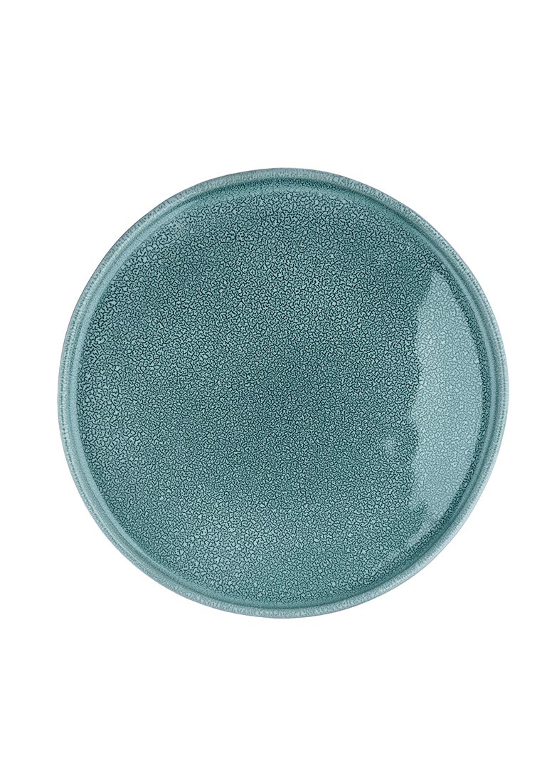 Türkiser Keramikteller, runde Form, strukturierte Oberfläche mit einem Craquelé-Finish, glatte Kanten und eine glänzende Beschichtung.
