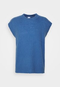 Veste sans manches tricotée bleue avec col rond, emmanchures et ourlet côtelés, présentée sur fond blanc.