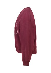 Bordeaux sweatshirt, katoenmix, ronde hals, lange mouwen, geribde manchetten en onderrand, heeft een witte lijnontwerp aan de voorkant, zachte textuur.