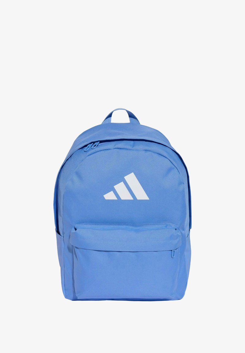Blue backpack made of fabric, featuring a main compartment with a zipper, front pocket, and a white Adidas logo. Smooth texture.