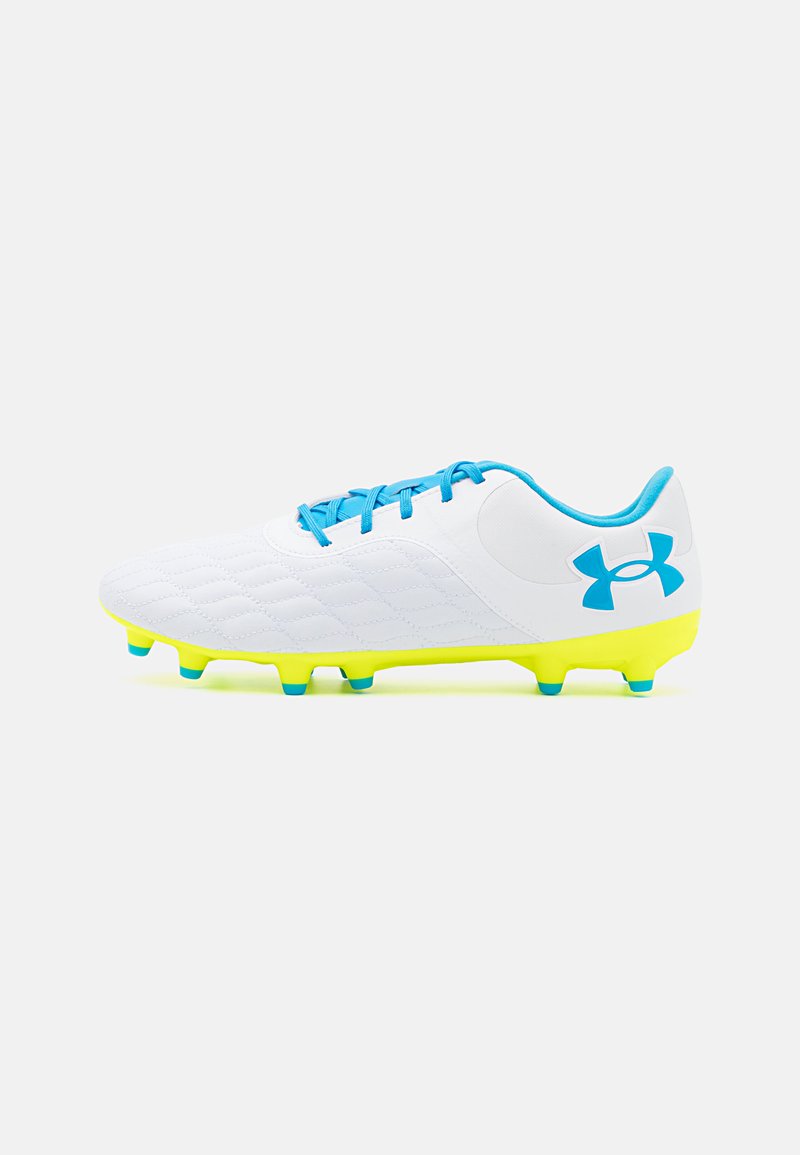 Scarpino da calcio bianco con tomaia trapuntata, lacci blu e suola gialla brillante. Presenta un logo Under Armour in blu.