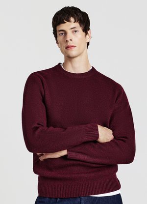 Bordeauxfarbener Strickpullover mit rundem Halsausschnitt, gerippten Bündchen und Saum. Weiche Textur, taillierter Schnitt und keine sichtbaren Muster oder Akzente.