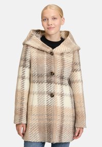 Beige und cremefarbener kariert Wolle-Mantel mit Kapuze, der über einen Knopfverschluss verfügt und aus texturiertem Stoff besteht. Einfaches Design mit lockerem Schnitt.