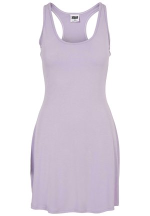 Lilac tank dress with a round neckline and racerback design. Made from soft fabric, featuring a simple, fitted silhouette. Seamless hem.
