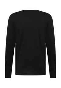 Schwarzes Langarmshirt, einfacher Rundhalsausschnitt, aus weicher Baumwolle, glatte Textur, minimalistisches Design, ohne Muster oder Akzente.
