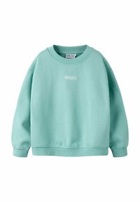 Felpa verde menta con collo rotondo, spalle scese e polsini a costine. Presenta un piccolo logo bianco stampato sul davanti.