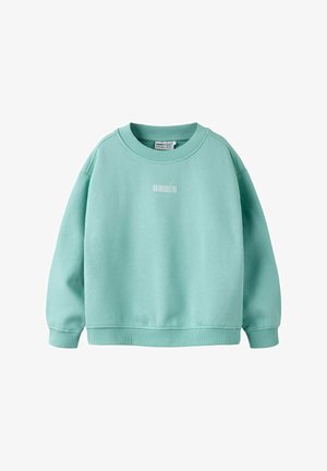 Mentu zaļa džemperis ar apaļu kaklu, nokarenām pleciem un ribotām aprocēm. Priekšpusē ir neliels, balts logo.