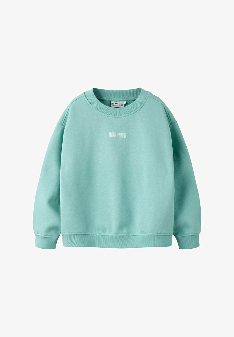 Felpa verde menta con collo rotondo, spalle scese e polsini a costine. Presenta un piccolo logo bianco stampato sul davanti.