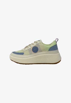 Lightweight sneaker featuring a cream mesh upper with green and blue accents, a textured sole, and a circular logo detail.