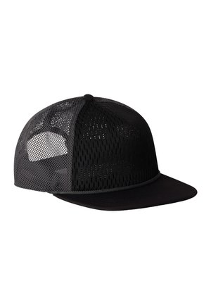 Czarna siateczkowa czapka baseballowa z jednolitymi czarnymi panelami z przodu i zakrzywionym daszkiem, na białym tle.