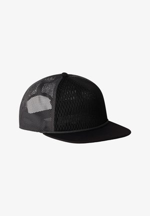 Czarna siateczkowa czapka baseballowa z jednolitymi czarnymi panelami z przodu i zakrzywionym daszkiem, na białym tle.