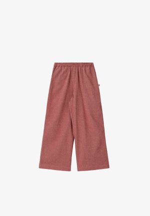 Pantalon large court en velours côtelé rose poudré avec taille élastique et poches latérales.