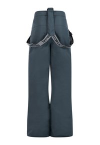 Pantalon taille haute à jambes larges gris foncé avec bretelles croisées dans le dos, avec des bretelles réglables noires et grises avec texte.