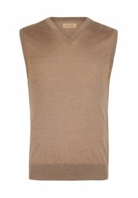 Sweter bez rękawów w kształcie litery V w jasnobrązowym kolorze, wykonany z miękkiego materiału dzianinowego. Posiada gładką teksturę i wykończenie z prążkowanym dołem.