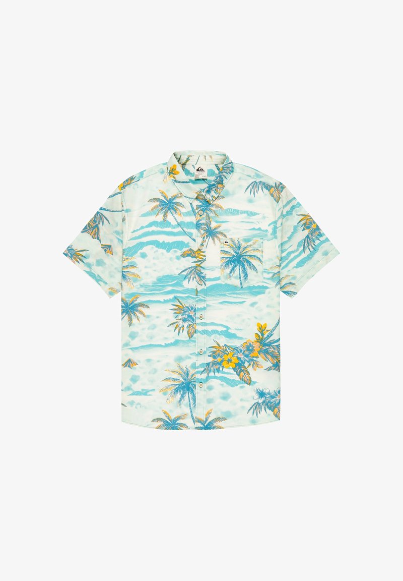 Kurzärmliges Hemd mit Knopfleiste, versehen mit einem tropischen Muster aus Palmen und Blumen in Türkis und Gelb, mit Brusttasche.