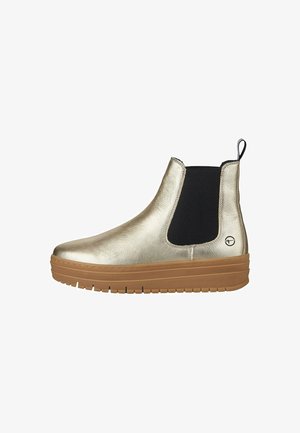 Metallic gold ankle boots with black elastic side panels, a rounded toe, and a thick gum sole, featuring a small logo on the heel.