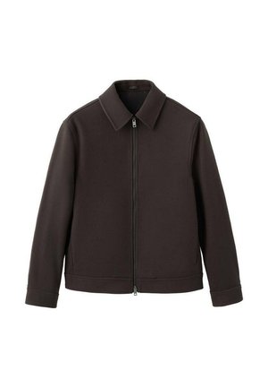 Schwarze Jacke mit Reißverschluss und Kragen, aus glattem Stoff, mit geradem Schnitt und minimalistischem Design, ohne sichtbare Muster.