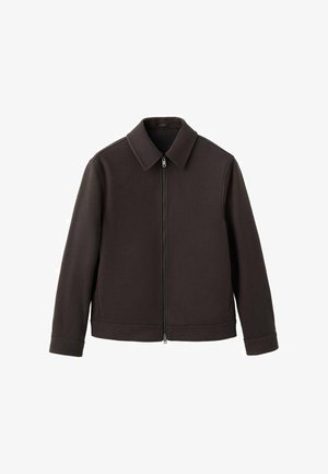 Schwarze Jacke mit Reißverschluss und Kragen, aus glattem Stoff, mit geradem Schnitt und minimalistischem Design, ohne sichtbare Muster.