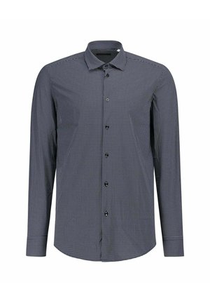 Herenoverhemd met lange mouwen en knoopsluiting, met een klein wit vierkantmotief op een marineblauwe achtergrond, klassieke kraag en standaard pasvorm.
