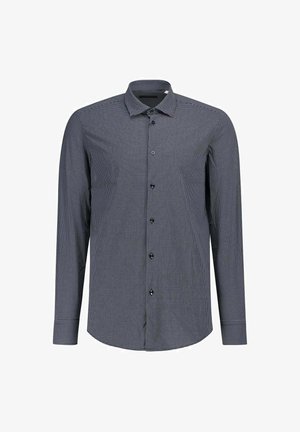 Camicia da uomo a maniche lunghe con bottoni, caratterizzata da un piccolo motivo a quadratini bianchi su sfondo blu navy, collo classico e vestibilità standard.