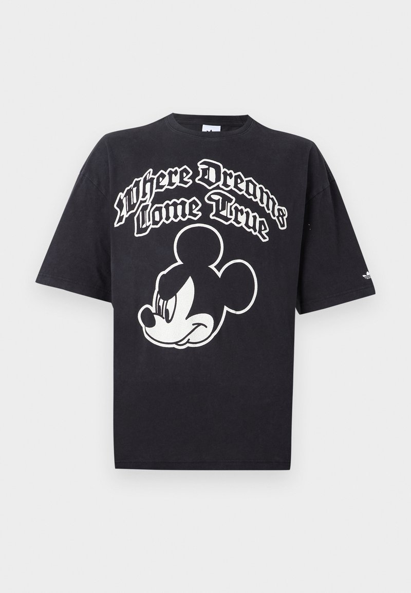 Sort T-shirt med hvid grafik af Mickey Mouses hoved og teksten "Where Dreams Come True" over det i fed gotisk skrift.