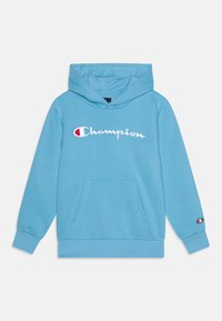 Light blue Champion hoodie with front pouch pocket, white and red Champion logo centered on chest, and small logo on left sleeve cuff.