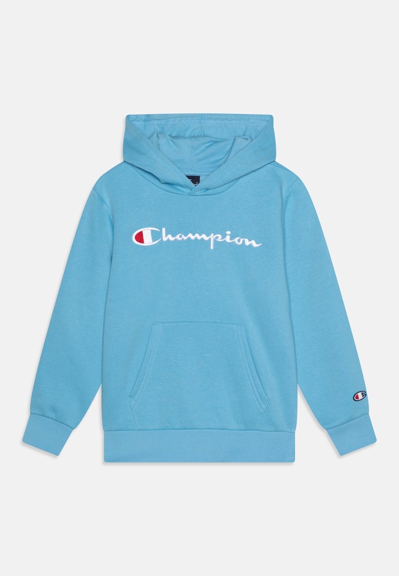 Light blue Champion hoodie with front pouch pocket, white and red Champion logo centered on chest, and small logo on left sleeve cuff.