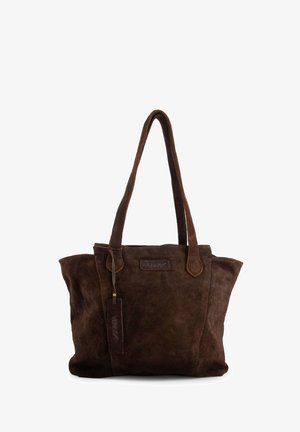 Bruine suède shopper met twee stevige handvatten, een ritssluiting en een rechthoekige vorm. Voorzien van een logolabel en een zachte, getextureerde afwerking.