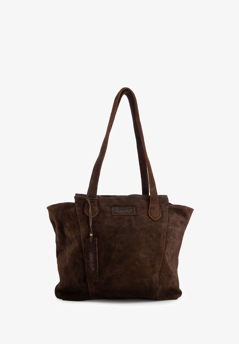 Braune Wildleder-Shopper-Tasche mit zwei stabilen Griffen, einem Reißverschluss und rechteckiger Form. Verfügt über ein Logotag und eine weiche, strukturierte Oberfläche.