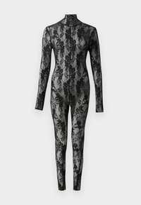 Zwart kanten bodysuit met lange mouwen, hoge kraag en een bloemmotief dat het hele oppervlak bedekt. Strak aansluitend ontwerp met doorzichtige textuur.