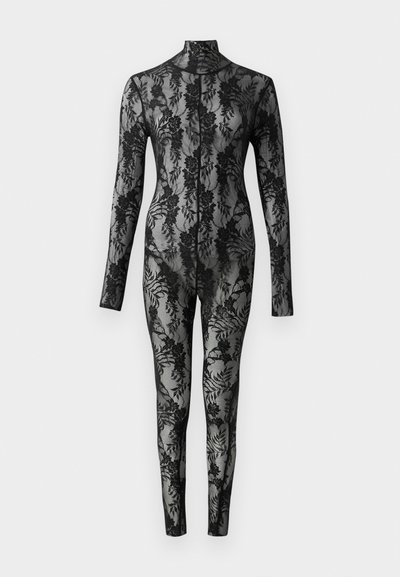 Body de renda preta com mangas longas, gola alta e padrão floral cobrindo toda a superfície. Design ajustado com textura transparente.