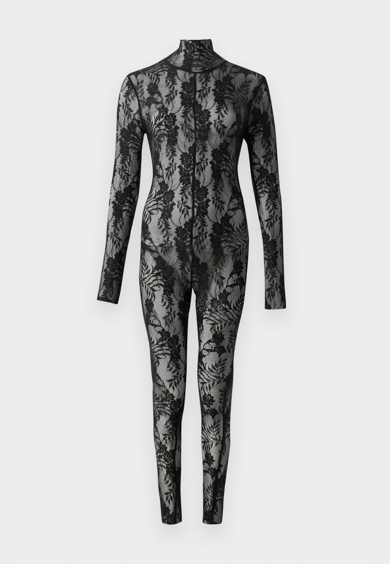Zwart kanten bodysuit met lange mouwen, hoge kraag en een bloemmotief dat het hele oppervlak bedekt. Strak aansluitend ontwerp met doorzichtige textuur.